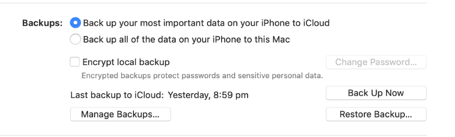 The options for backing up data from a device appear showing two buttons to select backing up to iCloud or onto the Mac, an “Encrypt local backup” tick box for encrypting backup data, and additional buttons for managing backups, restoring from a backup and starting a backup.