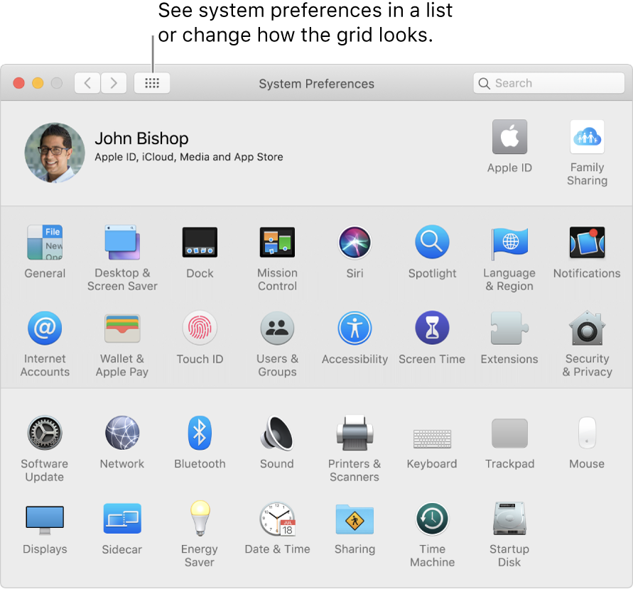 System Preferences window showing the grid of icons. Click the Show All button in the window’s toolbar to see system preferences as a list, or change how the grid looks.