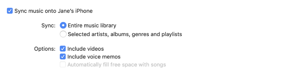 “Sync music onto device” tick box appears with additional options for syncing your entire library or only selected items and including videos and voice memos in the syncing process.