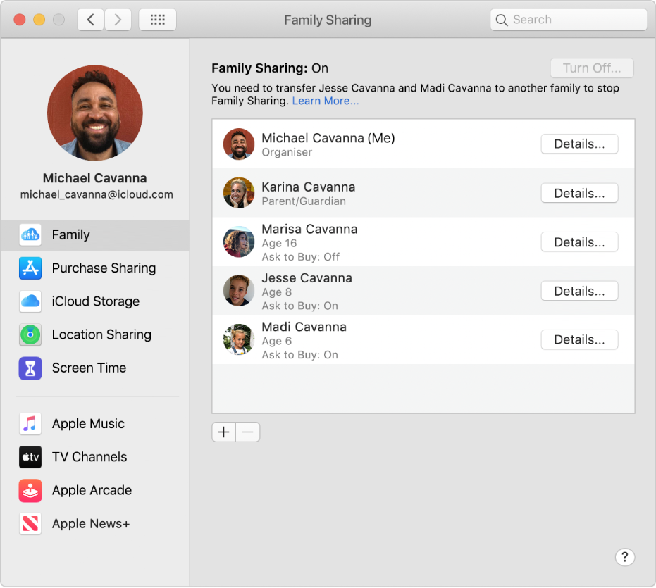 Family Sharing preferences showing a sidebar of different types of account options you can use and the Family preferences for an existing account.