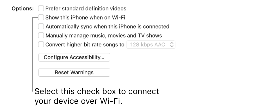 The sync options showing tick boxes to manually manage content items with the “Show this [device] when on Wi-Fi” tick box identified.