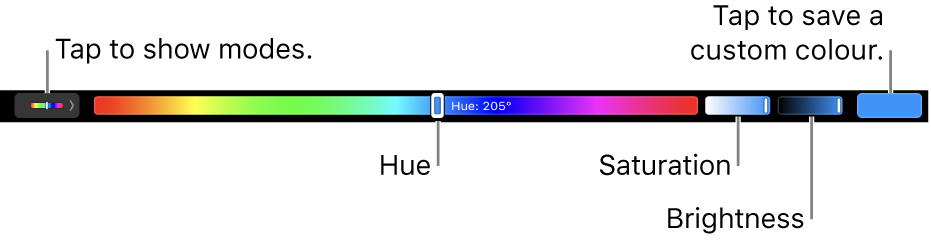 The Touch Bar showing hue, saturation and brightness sliders for the HSB mode. At the left end is the button to show all modes; at the right, the button to save a custom colour.