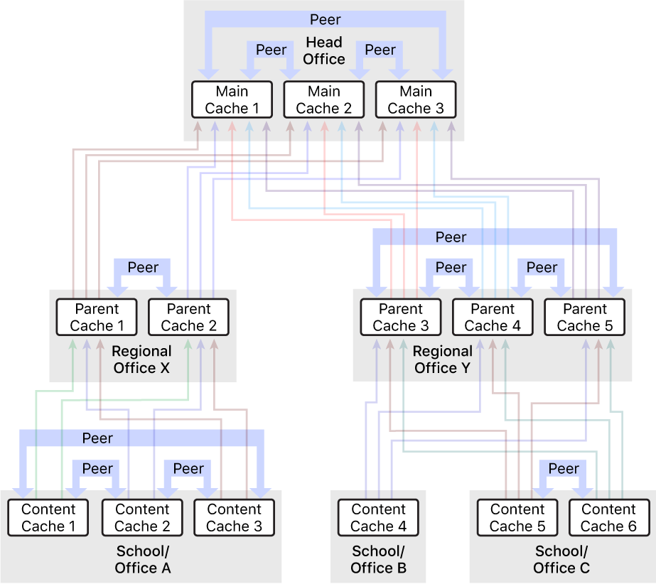 A network with multiple content caches, organised into a three-level hierarchy that has parent and grandparent content caches. Content caches have peers defined at each level of the hierarchy.