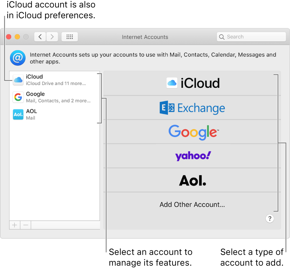 Internet Accounts preferences with accounts listed on the right and available account types listed on the left.