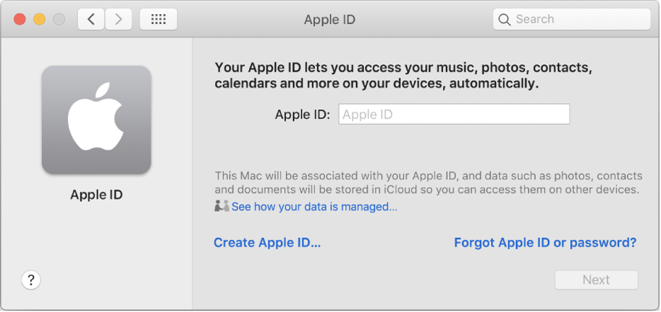 Apple ID dialogue ready for entry of an Apple ID. A Create Apple ID link allows you to create a new Apple ID.