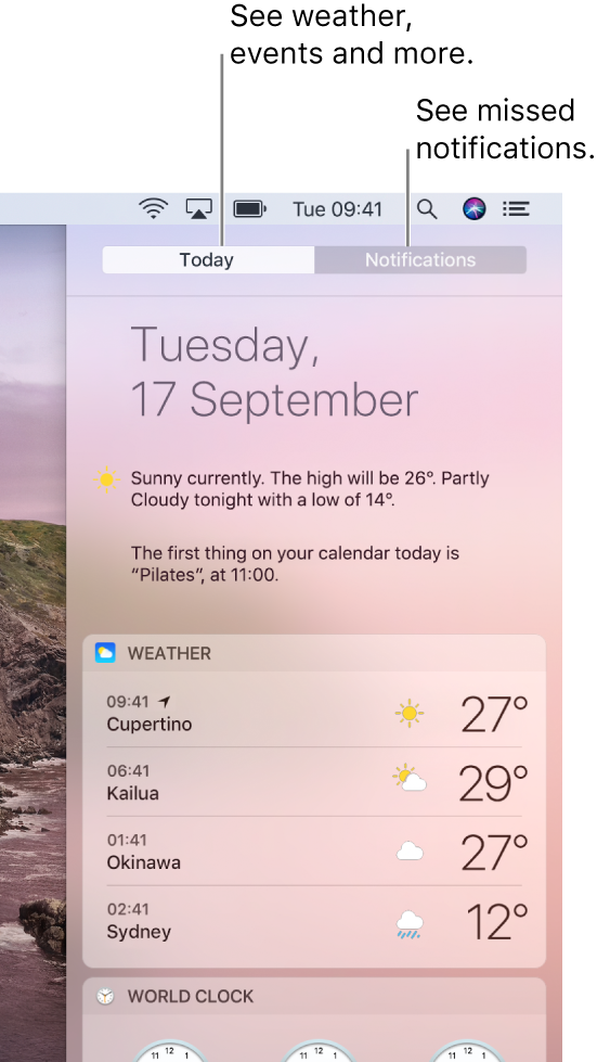 Today view showing weather in three locations. Click the Notifications tab to see missed notifications.