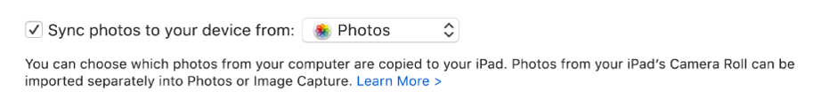 “Sync photos to your device from ” tickbox appears with “Photos” chosen in the pop-up menu.