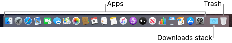 The Dock showing icons for apps, the Downloads stack and the Trash.