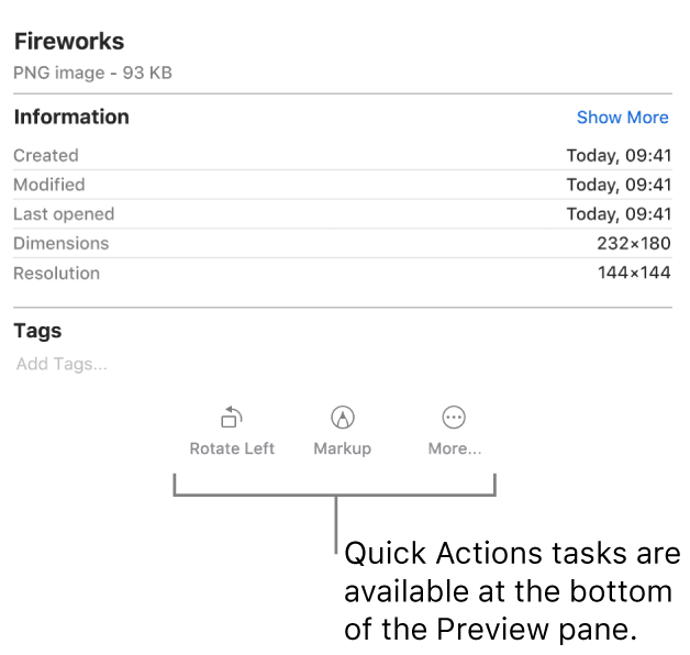 A view of the bottom of the Preview pane, showing the Quick Actions task buttons.