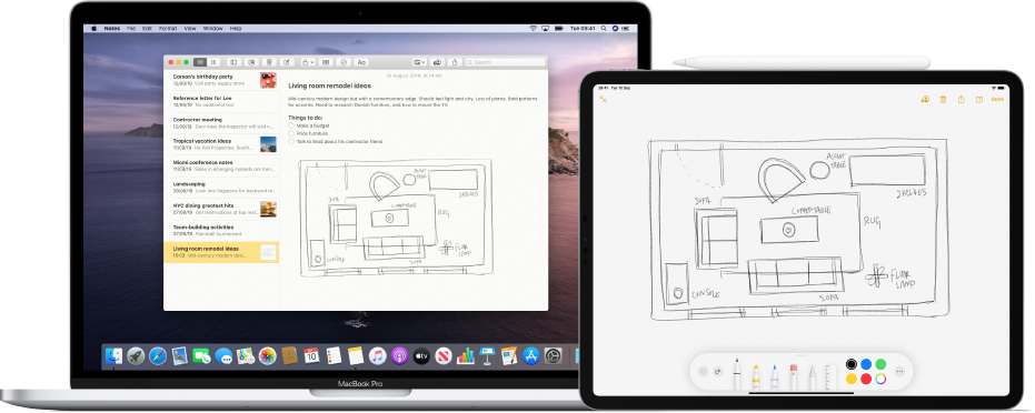 An iPad showing a sketch and a Mac next to it showing the same sketch in the Notes app.