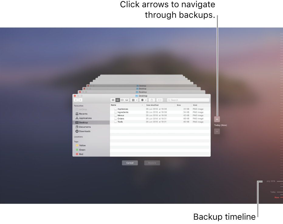 When you open Time Machine, you see a blurred screen with multiple Finder screens stacked to represent backups. Click the arrows to navigate through your backups (or click in the backup timeline on the right), and choose which files to restore.