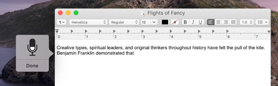 The feedback window alongside dictated text in a TextEdit document.