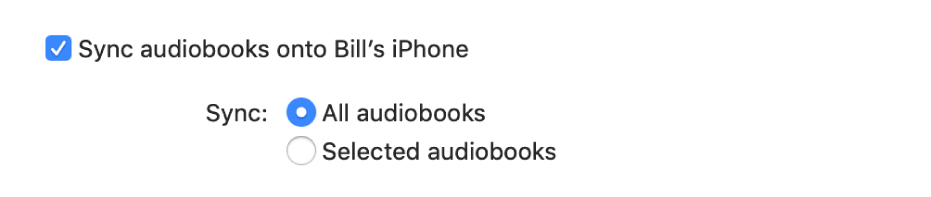 “Sync audiobooks onto device” tickbox appears with the “All audiobooks” button selected and the “Selected audiobooks” button unselected.