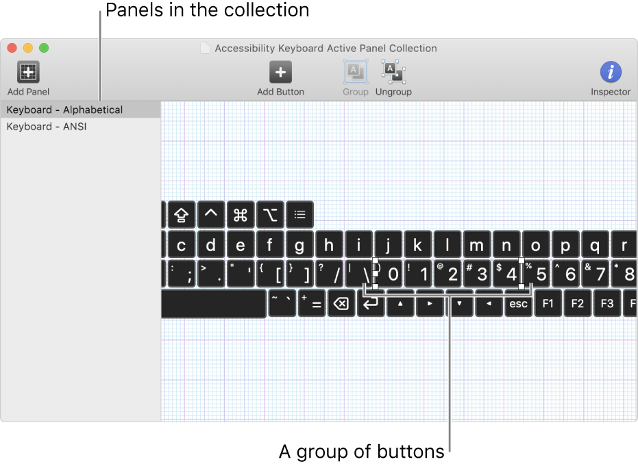 A portion of a panel collection window showing a list of keyboard panels on the left and, on the right, buttons and groups contained in a panel.