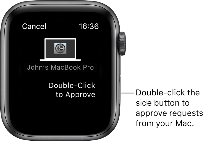 Apple Watch showing an approval request from a MacBook Pro.