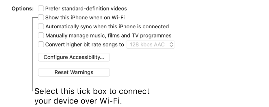 The sync options showing tickboxes to manually manage content items with the “Show this [device] when on Wi-Fi” tickbox identified.
