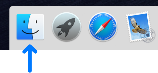 A blue arrow pointing to the Finder icon on the left side of the Dock.