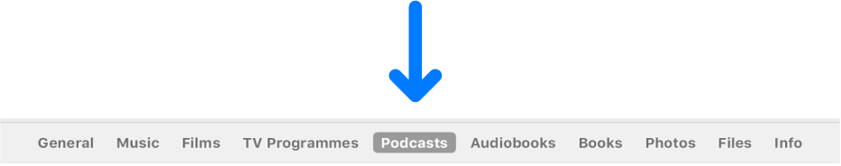 The button bar showing Podcasts selected.