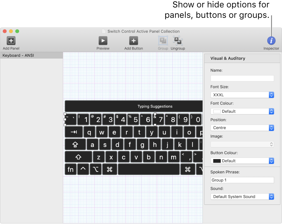 A Panel Collection window showing the Inspector button at the right end of the toolbar, for setting options for panels, buttons and groups.