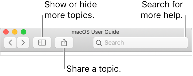 A help window showing the button in the toolbar to click to hide or show the Table of Contents, the button to share a topic and the search field to search for topics.