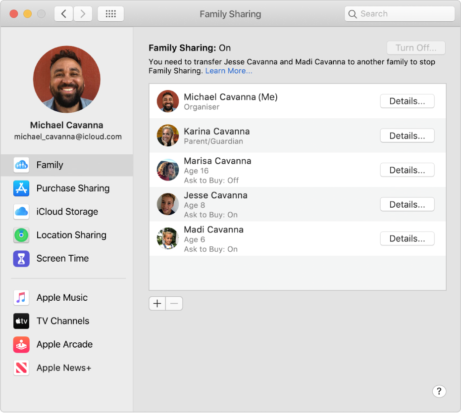 Family Sharing preferences showing different account options in the sidebar, and on the right, family members and their details.
