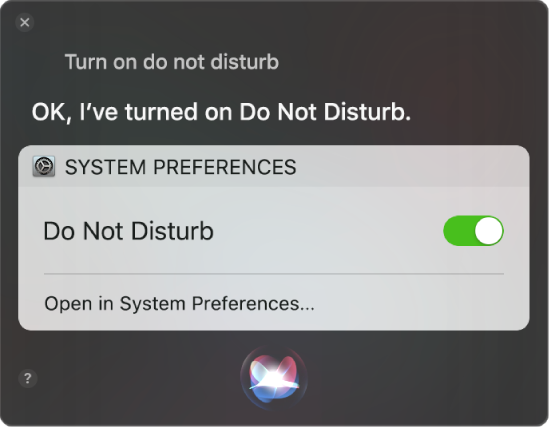 The Siri window showing a request to complete the task, “Turn on do not disturb”.