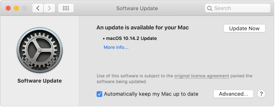 Software Update preferences showing that an update is available.