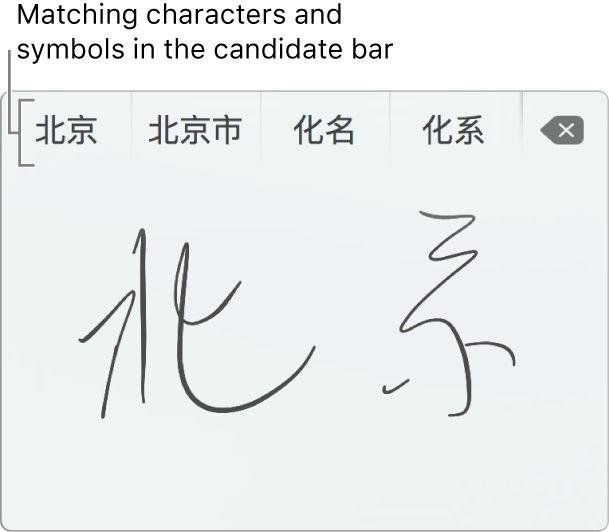 The Trackpad Handwriting window showing the word “Beijing” written by hand in Simplified Chinese. As you draw strokes on the trackpad, the candidate bar (at the top of the Trackpad Handwriting window) shows possible matching characters and symbols. Tap a candidate to select it.