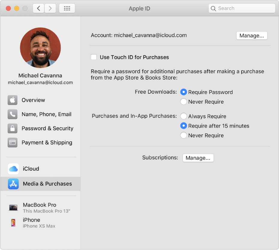 Apple ID preferences showing a sidebar of different types of account options you can use and the Media & Purchases preferences for an existing account.