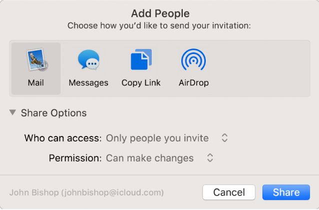 Add People window showing apps that you can use to make invitations and the options for sharing documents.