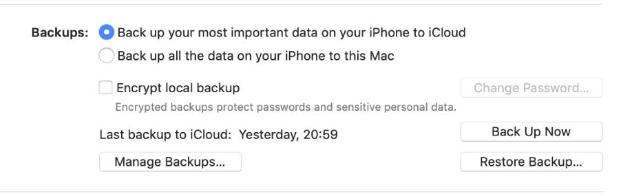 The options for backing up data from a device appear, showing two buttons to select backing up to iCloud or onto the Mac, an “Encrypt local backup” tickbox for encrypting backup data, and additional buttons for managing backups, restoring from a backup and starting a backup.