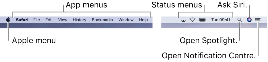 The menu bar. On the left are the Apple menu and app menus. On the right are status menus, and the Spotlight, Siri and Notification Centre icons.