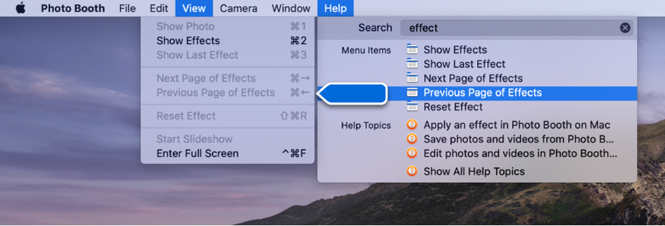 The Photo Booth Help menu with a search result for a menu item selected and an arrow pointing to the item in the app menus.