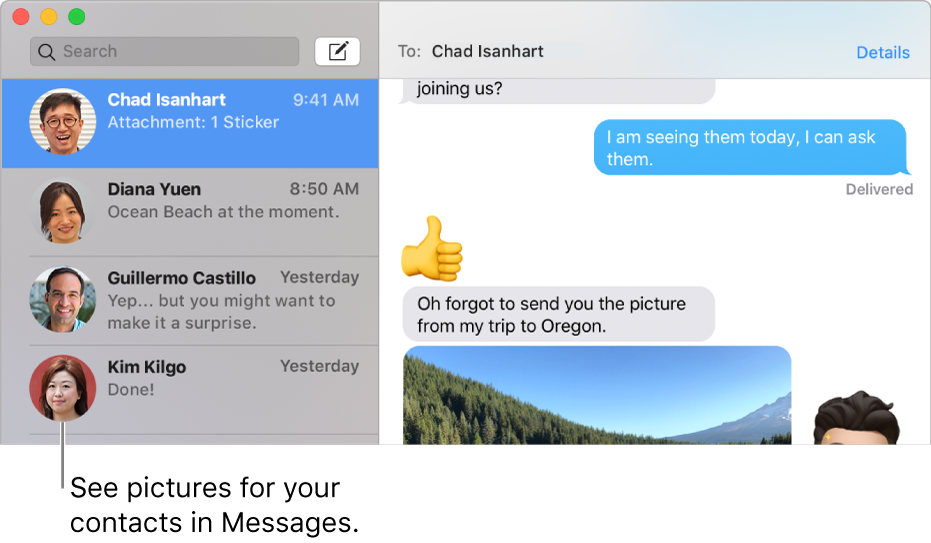 The sidebar from the Messages app showing people’s pictures next to their names.