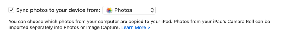 “Sync photos to your device from ” checkbox appears with “Photos” chosen in the pop-up menu.