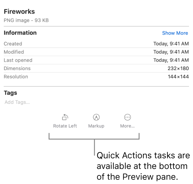A view of the bottom of the Preview pane, showing the Quick Actions task buttons.