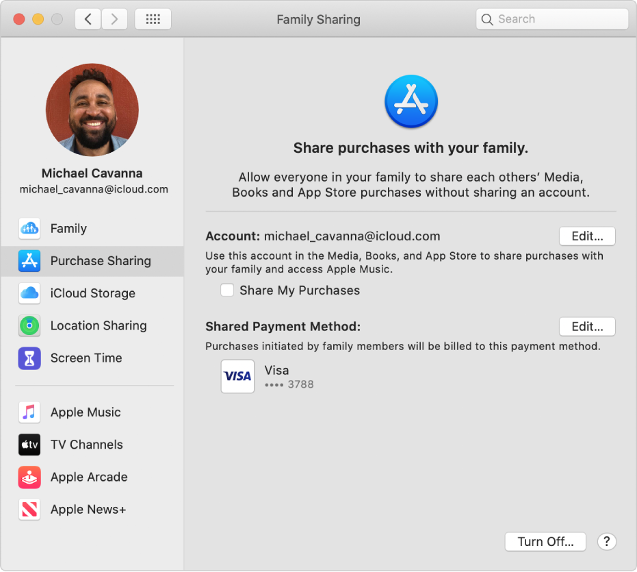 Family Sharing preferences with Purchase Sharing selected in the sidebar and, on the right, the account and payment method being used for the purchases.