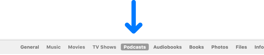 The button bar showing Podcasts selected.