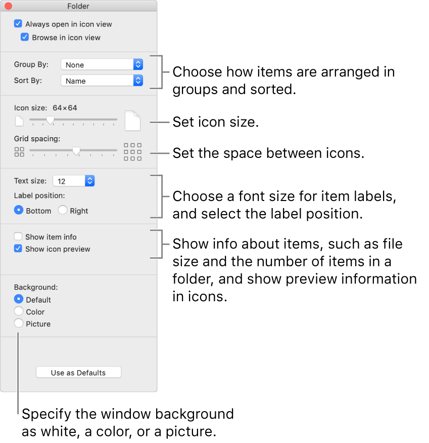 Icon view options: You can choose how items are arranged in groups and sorted, set the icon size, set the space between icons, choose a font size for item labels, select the label position, show information about items, such as file size and the number of items in a folder, show preview information in icons, and specify the window background as default, a color, or a picture.