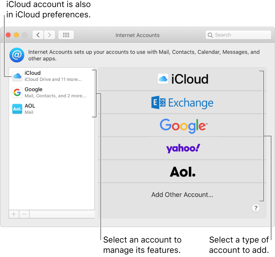 Internet Accounts preferences with accounts listed on the right and available account types listed on the left.