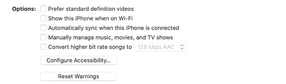 Syncing options appear in a list of checkboxes, including the “Prefer standard definition videos” and the “Convert higher bit rate songs to” checkboxes