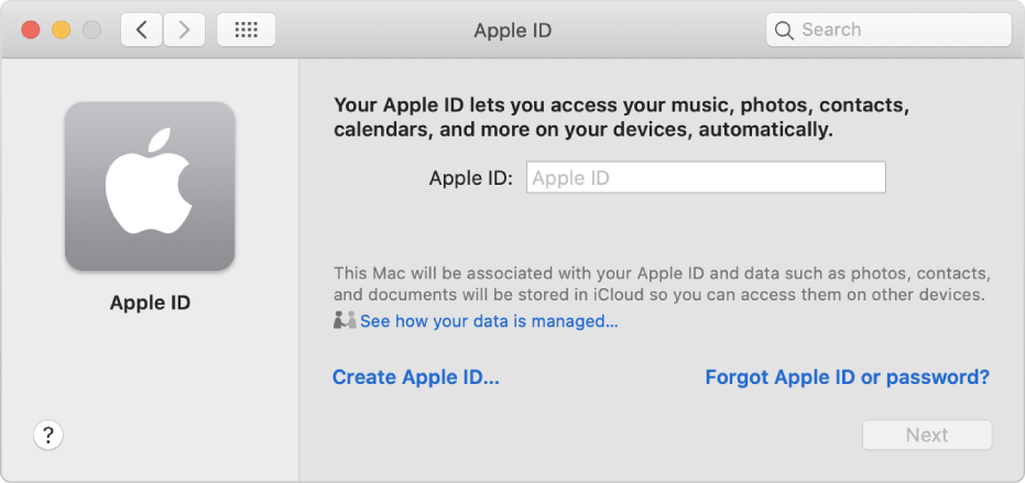 Apple ID dialog ready for entry of an Apple ID. A Create Apple ID link allows you to create a new Apple ID.