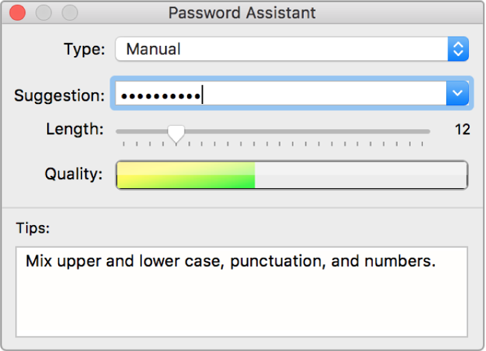 Password Assistant window showing options for creating a password.