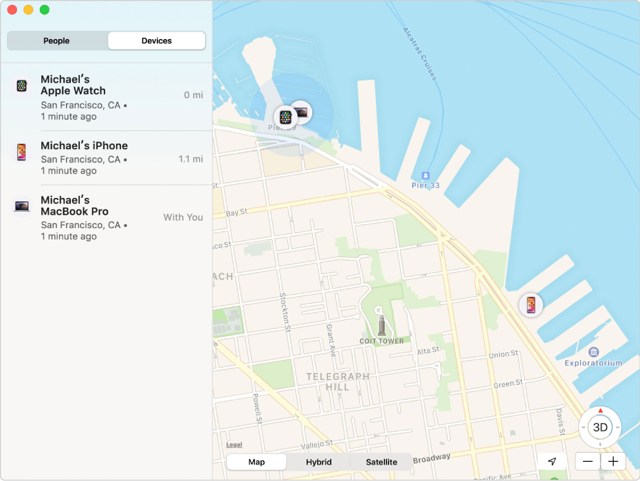 The Find My app showing a list of devices in the sidebar and their locations on a map on the right.