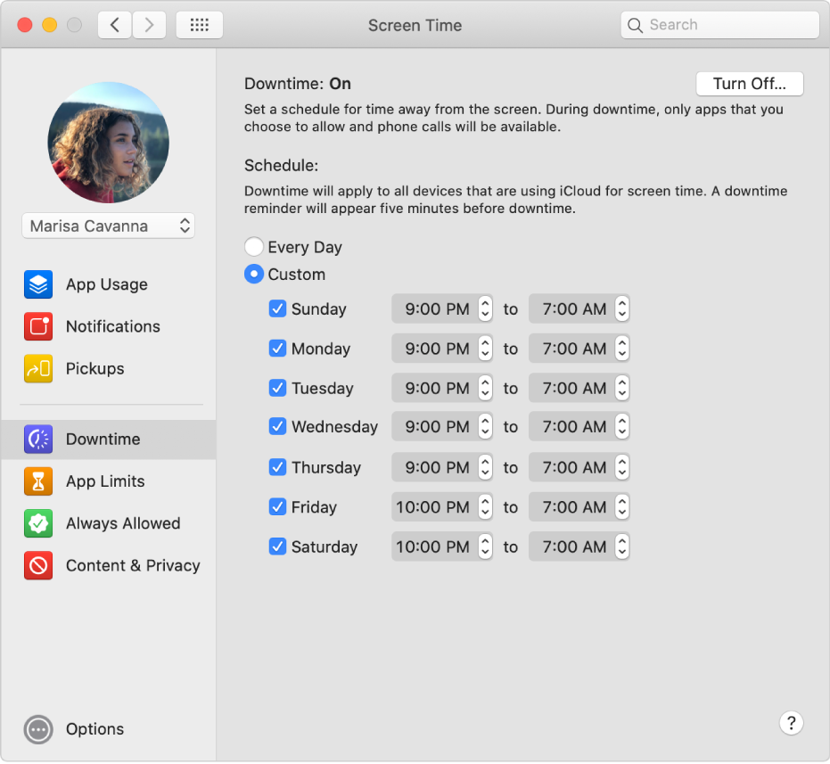 The Screen Time Downtime pane with Downtime turned on. A custom downtime schedule for each day of the week is set up.