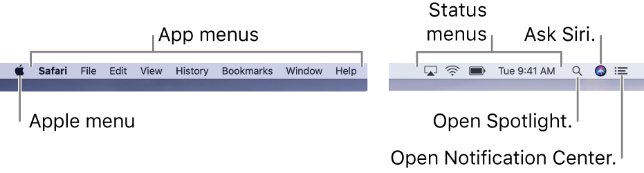 The menu bar. On the left are the Apple menu and app menus. On the right are status menus, and the Spotlight, Siri, and Notification Center icons.