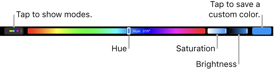 The Touch Bar showing hue, saturation, and brightness sliders for the HSB mode. At the left end is the button to show all modes; at the right, the button to save a custom color.