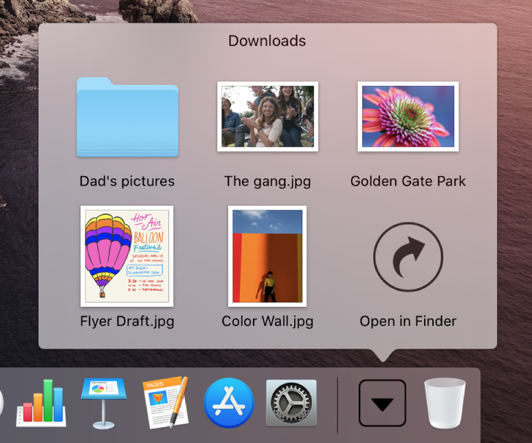 The Downloads stack in the Dock opened to show its contents in a grid.