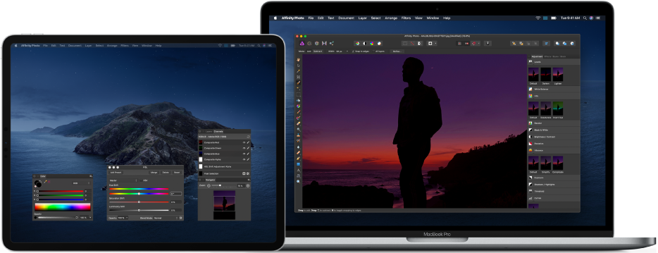 A Mac whose desktop shows the main window of an app for editing photos, next to an iPad showing additional open windows from the app with tools for complex photo editing.