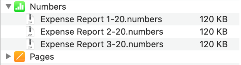 The Numbers app in the Files window with disclosure button selected to show three files that have been synced to a device.
